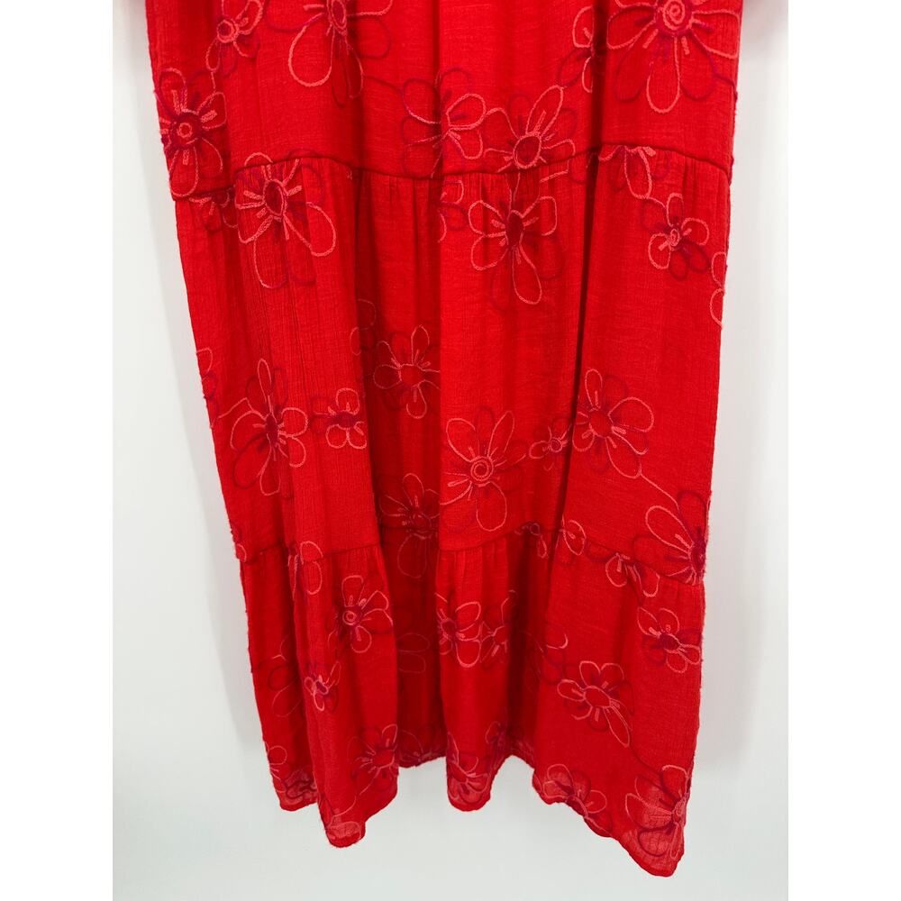 Red Floral Embroidered Midi Dress Tiered V Neck Boho Cottagecore Sz L - Picture 5 of 7